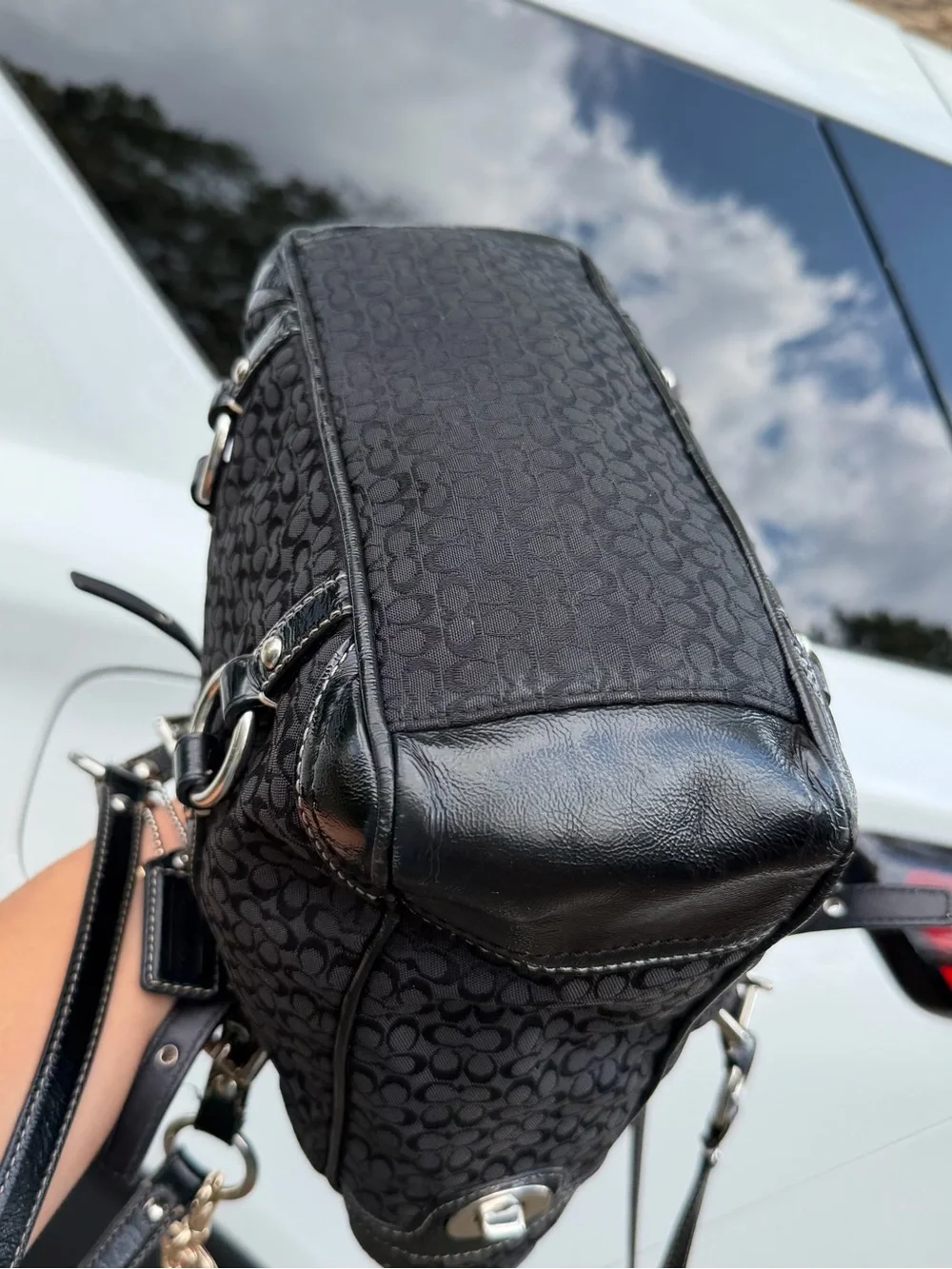 Coach Black Signature Canvas Shoulder Tote with Red Cherry Charm